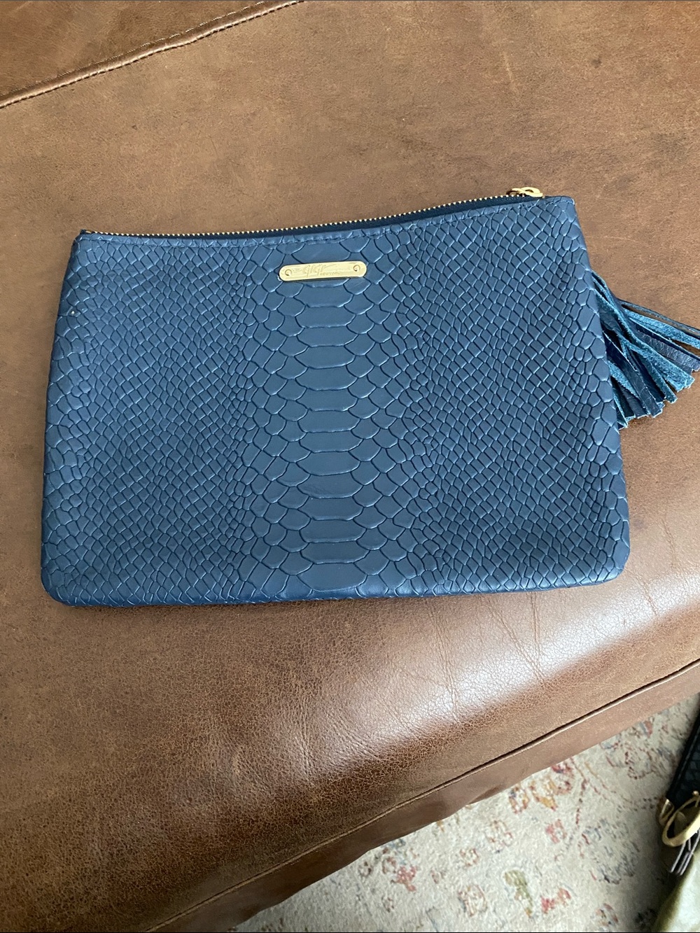 GiGi New York Navy Snake-Embossed Zip Clutch with Tassel